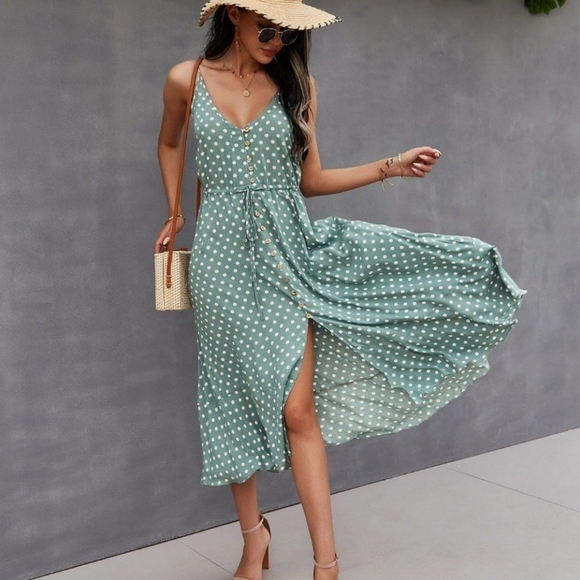 New Chic Flowy Polka Dot Button Front Cami Dress Midi Green White - Picture 1 of 9